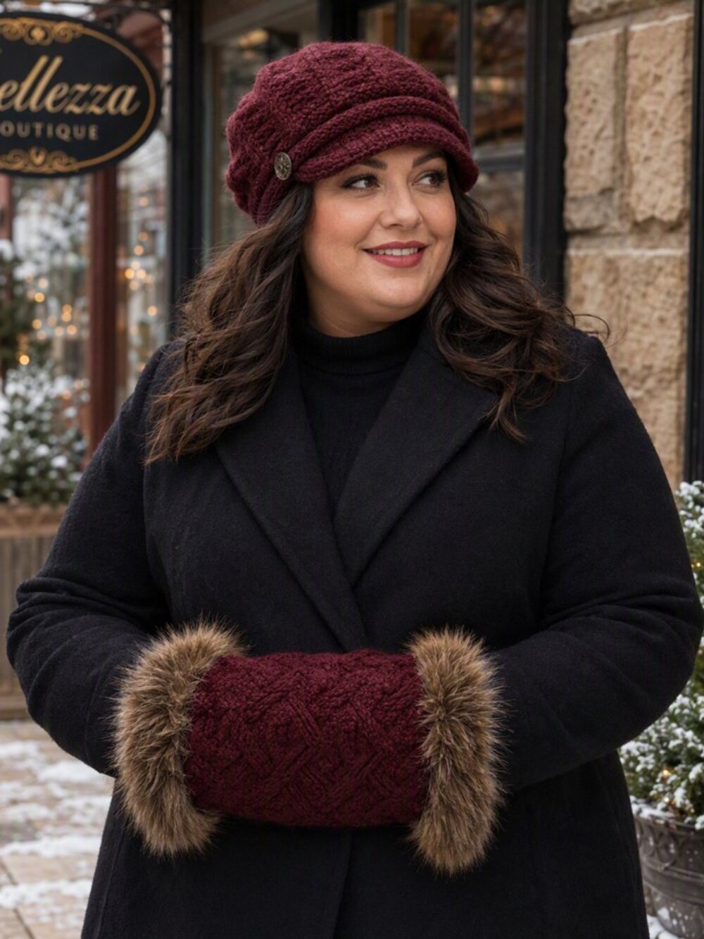 NWOT Burgundy Knit Hat & Faux Fur Hand Muff Winter Accessory Set